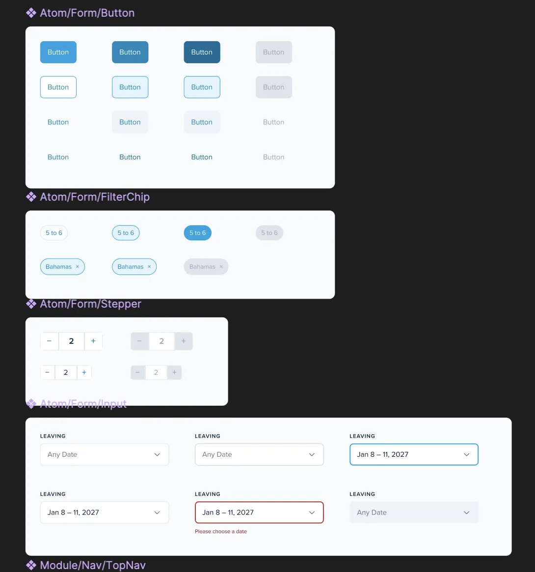 Atom-level components: buttons, inputs, color tokens